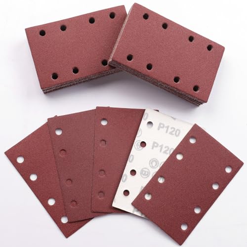 Sruhrak 50 Pezzi Carta Abrasiva Kit, 80x133mm Fogli Levigatrice 120 Grana 8 Fori Carta Vetrata Rettangolari per Levigatrice Orbitali Casuali
