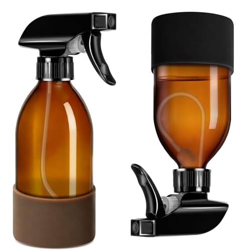 Tecohouse 2 Pack 360 Amber Glass Spray Bottles with Silicone Sleeve 8 oz Empty Refillable Containers with Adjustable Spray Nozzles Dark Spray Bottles for Cleaning Solutions Plants (Black & Brown)