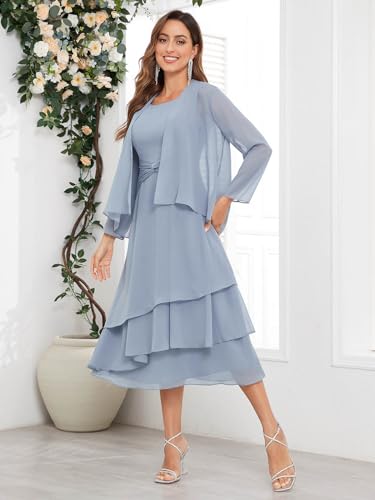 SOLODISH 2 Pieces Tea Length Mother of The Bride Dresses for Wedding Chiffon Formal Dresses for Women3