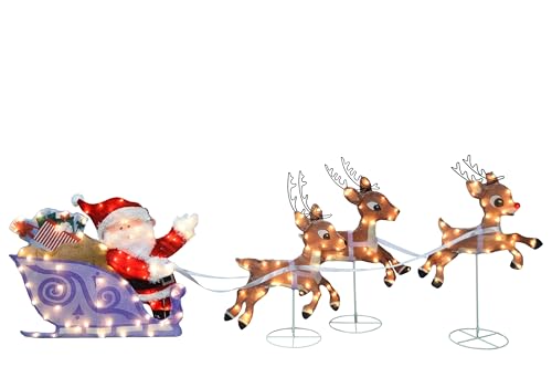 Rudolph The RED Nosed Reindeer with Santa and Friends Sleigh Christmas Holiday Lighted DCOR 4PIECE Set