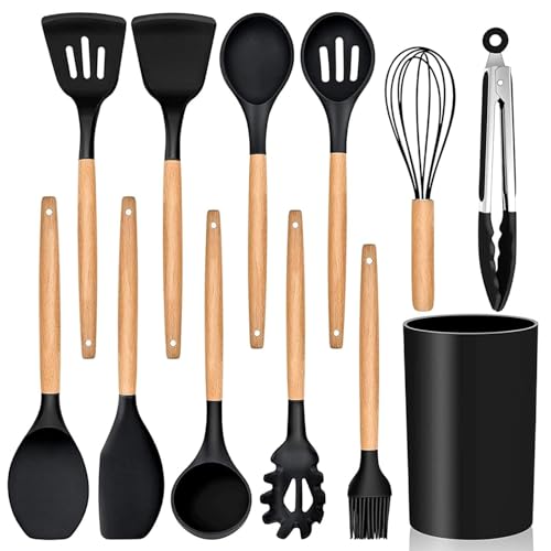 Image of Silicone Spatula Set, Spatula Set with Wooden Handle for Cooking and Mixing, for Non Stick Pan, Kitchen Tools Set of (12, Black)