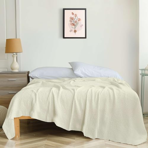 Image of Super Soft & Breathable 100% Microfiber Waffle Blanket - Throw Blanket and Quilt for Bed & Sofa Double(90x100) Size - Ivory Solid