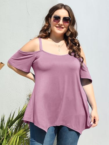 Image of LARACE Cold Shoulder Tops for Womens Summer Clothes Spaghetti Strape Tunic Oversized Shirts Asymmetrical Plus Size Blouse
