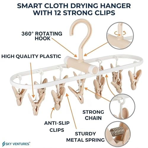 Image of Cloth Drying Hanger 12 Clips,360 Degree Portable and Foldable Clips,Baby Clothes, Clothes Drying Stand,Indoor Clothes, Space Saving, Travel Safe
