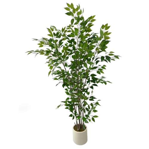 Artificial Ficus Tree with Green Leaves, 6 ft Tall, Indoor Plant with Decorative Beige Planter
