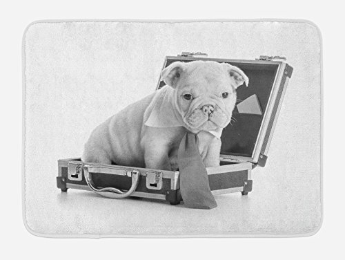 Ambesonne Badematte mit englischer Bulldogge, Krawatte mit Welpe sitzend in einer Aktentasche, Graustufen-Illustration, Plüsch-Badezimmerdekormatte mit rutschfester Unterseite, 76,7 x 50,8 cm, Grau