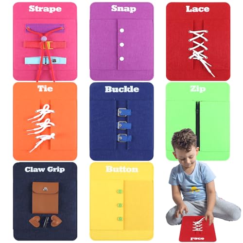 Toddlers Montessori Busy Board for Kids Early Learning Basic Life Busy Board - Fine Motor Skill Toys - Zip, Snap, Button, Buckle, Lace, Tie, Strape and Claw Grip Practice Teacher Preschool Classroom