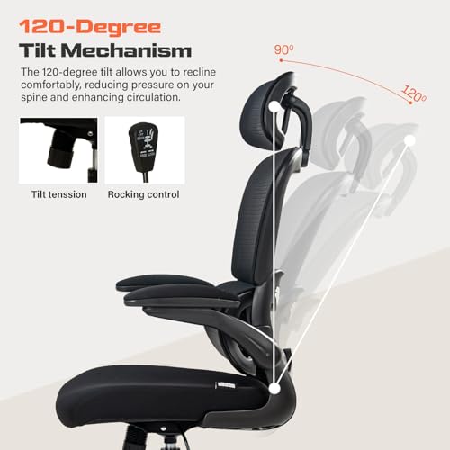 DROGO Premium Ergonomic Office Chair for Work from Home, High Back Computer Chair with Adjustable Seat, Lumbar Support & Headrest, Flip-up Armrest & Recline | Mesh Chair for Office/Home (Black)
