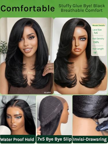 Image of KLAIYI Bye Bye Slip Side Part Yaki Straight Human Hair Glueless Precut 7x5 Lace Front Wigs Drawstring Blowout Feathered Layers Bangs Wig Pre Plucked Bleached Knots 30S Ready to Wear and Go Wig 14Inch