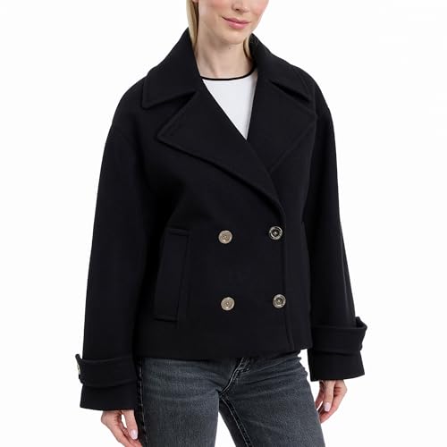 Image of Michael Kors Womens Double Button Short Peacoat with Faux Wool, Stylish Wool Coat for Women, Belted Wrap Design, Black, Medium