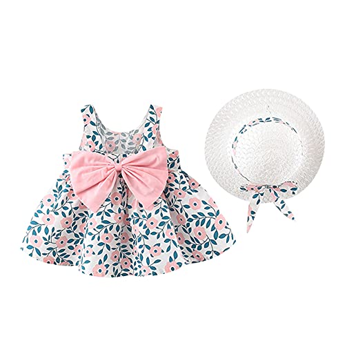 Toddler Baby Girls Tutu Dress Clothes Summer Sleeveless Hawaiian Beach Holiday Dress Backless Princess Birthday Party Outfit Floral Wedding Bowknot Sundress with Straw Hat set Pink Floral 18-24 Months