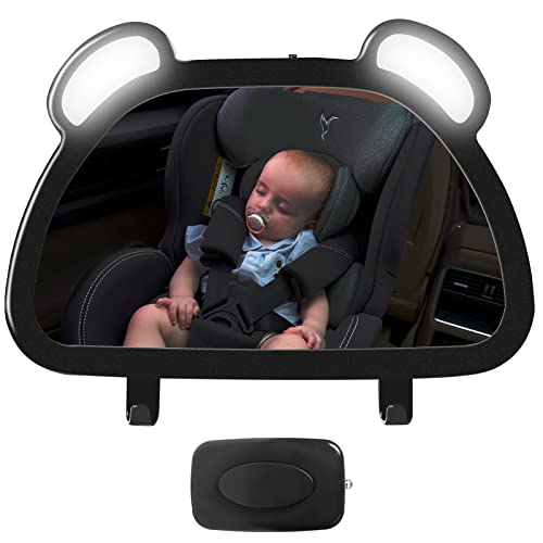 Image of Rezlli LED Baby Car Mirror, Backseat Car Mirror with Remote Control Light for Baby Rear Facing Seat (Baby Car Mirror With LED)
