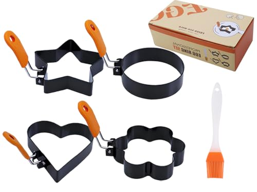Anlising 4PCS Stampo Pancake in Acciaio Inox,Anelli per Uova in Acciaio Inox,Stampi per Uova Fritte,con Manici e Pennello per Olio,Stampo per Frittata in Acciaio Inossidabile,per Uova,Sandwich,Pancake