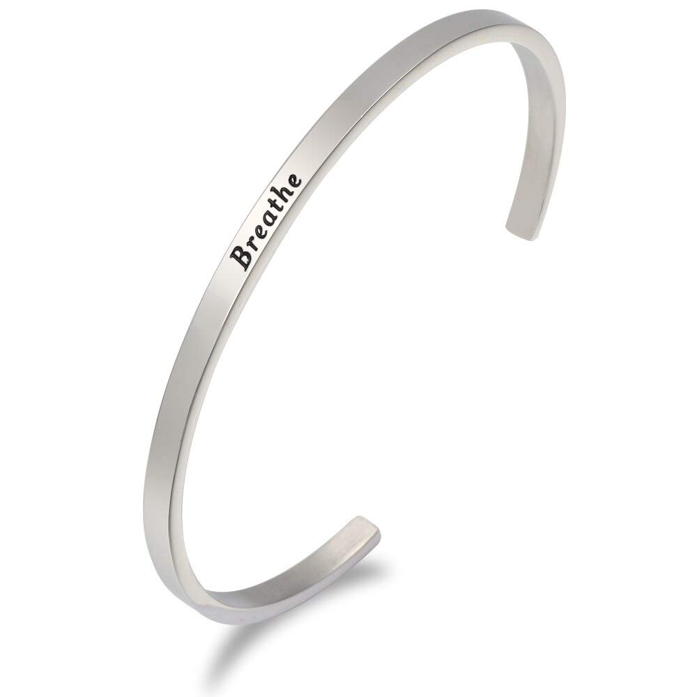 LADEMAYHSilver Engraved Inspirational Letters Bracelets for Women - Anti-Allergy and Durable 316L Stainless Steel Bangle - Adjustable Cuff Bracelet Gift for Girls