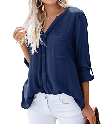 Dordanity Damen Bluse Elegant V-Ausschnitt Hemd Langarm Casual Arbeit...
