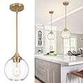 Loiogohot Pendant Lights Kitchen Island,Farmhouse Gold Pendant Light With Clear Glass Globe Shade,7" Glass Pendant Light for Brushed Bronze Finish Farmhouse Entryway Dining Room Kitchen Island 1 Light
