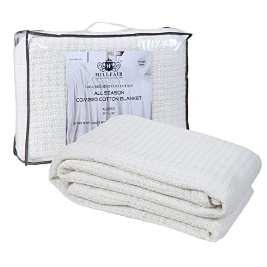 HILLFAIR 100% Soft Premium Combed Cotton Thermal Blanket– Queen Blankets– Soft Cozy Warm Cotton Blanket– Bed Throw Blanket– Queen Bed Blankets– All Season Cotton Blanket– Ivory Queen Cotton Blankets