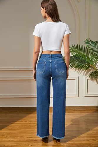 Women's Wide Leg Jeans High Waisted Strechy Jeans for Women Straight Raw Hem Loose Casual Denim3
