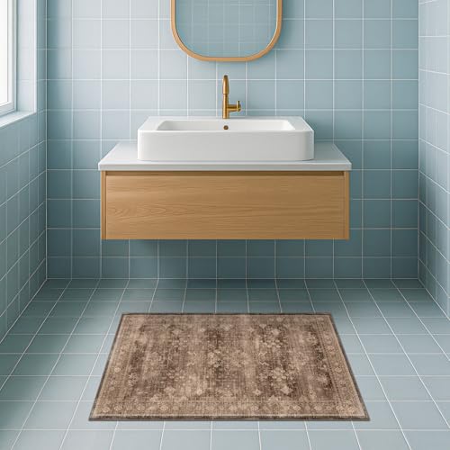 Image of Boho Taupe Brown 2x3 Entryway Rug - Modern Vintage Traditional Eclectic Oriental Neutral, Washable Low Pile Non-Slip Small Throw Area Rugs for Door Mat Indoor Entrance, Kitchen, Bathroom
