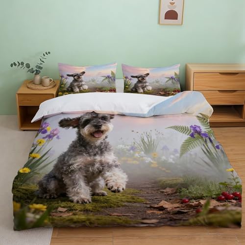 Housse de couette Schnauzer nain 135x200 microfibre imprimé fleurs - 2