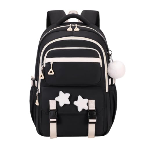 GRUOTEIS Black Backpack for Girls, Teen Girls Backpack for Elementary Middle School Kids, with Star Pins and Furry Pendant, A08-Black by GRUOTEIS - Used condition - US$21.88
