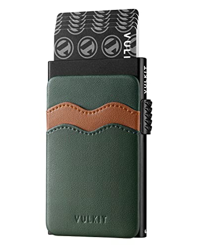Image of VULKIT Credit Card Holder Minimalist Slim Pop Up Wallet with Leather Slots RFID Blocking for Men and Women Holds 7 Cards and Notes Green