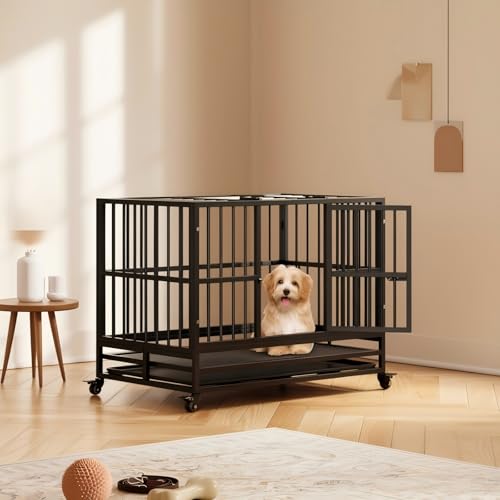 Heavy Duty Large Dog Crate with Wheels and Tray