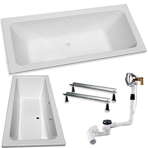 Acryl- Rechteck Badewanne "Koralle T 200" 180 x 80 cm mit Mittelablauf (mit Fußgestell mit Ab-/Über-/ Zulaufgarnitur)