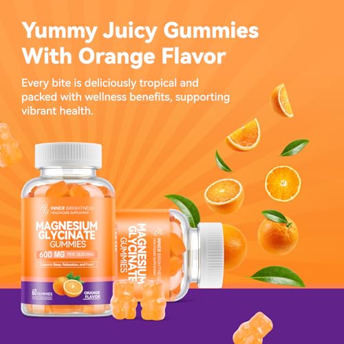 Image of Magnesium Glycinate Gummies 600mg, Non-GMO, Gluten-Free, Magnesium Gummies for Adults & Kids, Sleep, Relaxation & Focus, Orange Flavor, 60 Count