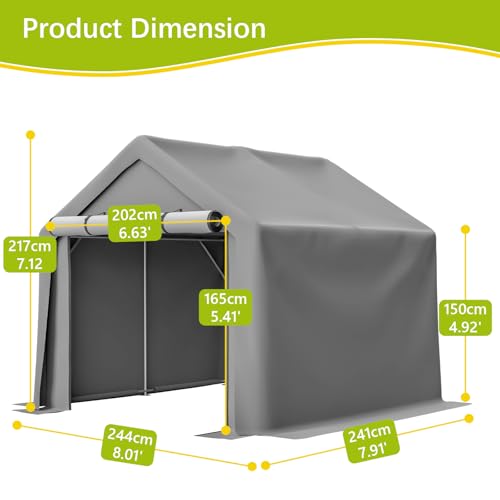 YOPTO 8x8 FT Heavy Duty Carport Canopy,Anti-Snow Portable Garage W/Roll-Up Double-Zipper Doors,Bike Shed Storage Tent Outdoor Storage Shed for Bicycle,Tool,Wood Storage,Gray - Thumbnail 3