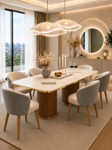 Image of 6 Seater Dining Table and Chair with Nano Composite Marble Top and Golden Strip Set | 72 x 36 x 30 Inch Solid Wood Base with Swed Fabric Finish Dining Furniture for Home (Golden & Cream)