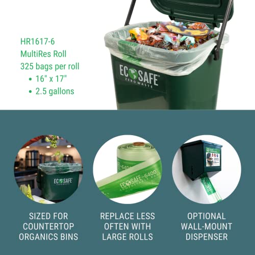 Image of EcoSafe-6400 HR1617-6 Certified Compostable Bag - ASTM D6400 Approved - Small 16x17 inch Green Bags for 2.5 Gallon Bin - Extra Strong Leak, Puncture and Tear Resistant Food Scraps Bin Liners, Pack of 1300