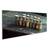 islandburner Bild auf Leinwand Alte Gewürzflaschen auf Holztisch für Küche Hobbyköche Gourmetgeschäft Bilder Wandbilder Poster