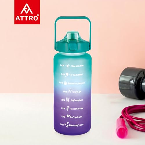 Image of ATTRO Motivational 2 Liter Quotes & Time Marker Dual Colour Sports Bottle With Easy to Carry Handle & Straw BPA Free, Leak Proof for Gym, Office, Workout- Green Purple, Plastic