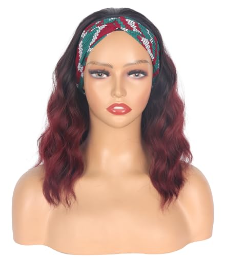 SYMEIW Short Red Wavy Headband Wig for Black Women Synthetic Black to Red Half Wigs with Headband Attached Daily Use Wig 14 Inches