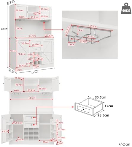 Close-up of the integrated wine rack and glass holder inside the Merax storage cupboard.