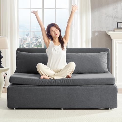 Image of BALUS 64 inch W Queen Size Sleeper Couch Bed Pull Out Sofa with Pullout Beds, 2 in 1 Convertible Linen Single Sleepers Sofas Chair with Foldable Mattress and Pillows for Small Space Apartment, Dark Grey