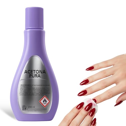 Quitaesmalte con acetona pura, Especial para eliminar esmaltes permanentes y restos de porcelana o gel en las uñas, De fácil aplicación, no deja residuos, Contiene 200 ml