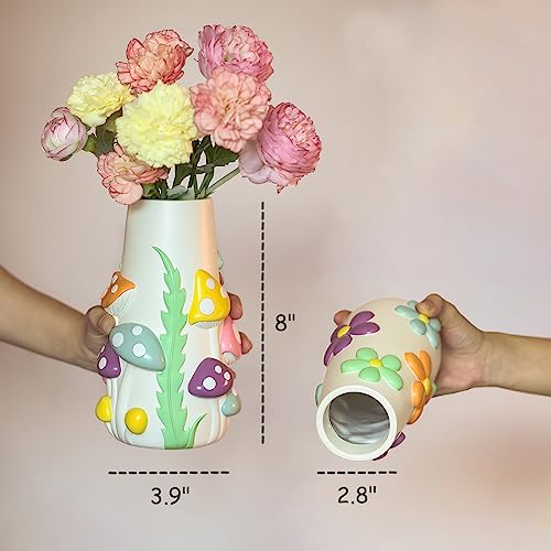 GUGUGO Pastel Flowers Vase, 8-Inch-Tall Rainbow Funky Mushroom Decor, Eclectic Vases for Flowers, Unique Colorful Decorative Vase, Cute Room Decor Aesthetic