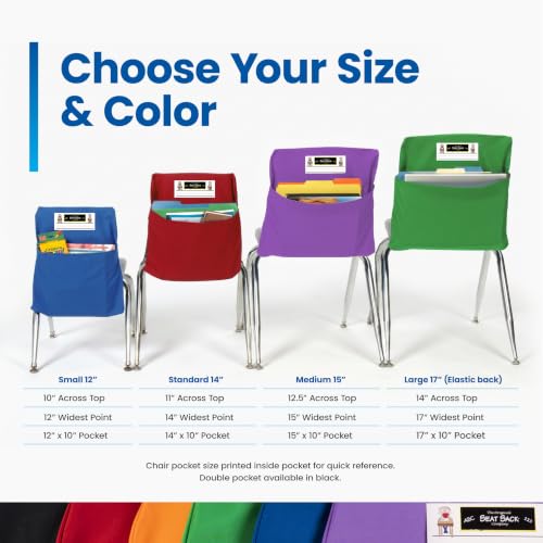 Image of Seat Sack Student Chair Storage Pocket - 17 inch, Double Pocket, Classroom Chair Organizer for Student Desks, Durable Over-the-Chair Storage, Ready-to-Use Name Tag Window, Black, 1-Pack