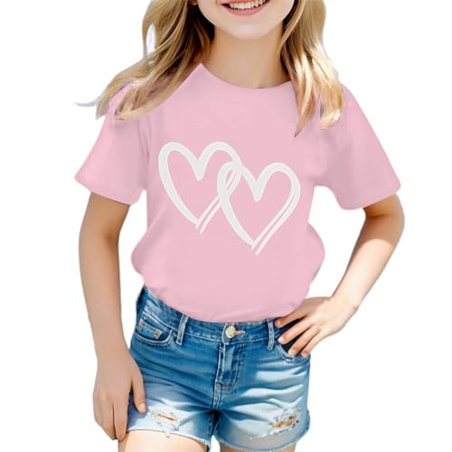 Girls Summer T Shirts Casual Short Sleeve Crew Neck Shirts Outfits Funny Heart Printed Clothes Tops 3-12 Years