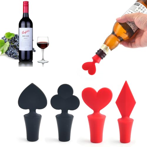 YAPKOLV 4 Tapones de Silicona para Botellas en Forma de Naipes, Tapones Herméticos para Vino, Cava, Prosecco, Champán, Cerveza y Bebidas Carbonatadas