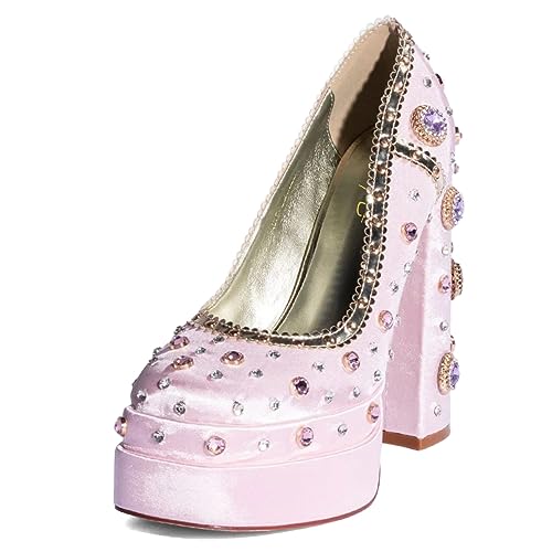 XYD Women's Vintage Bejeweled Diamonds Chunky Block High Heel Double Layered Platform Pumps Slip On Loafers Closed Round Toe Fancy Party Court Shoes