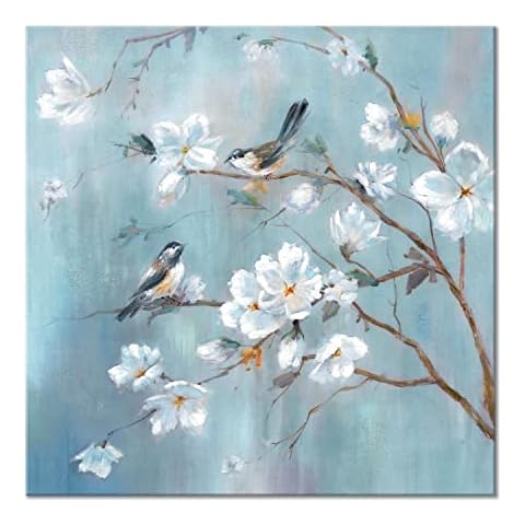 UTOP-art White Flower Canvas Wall Art: Elegant Tree and Birds Artwork Floral Painting for Bedroom (28'' x 28'' x 1 Panel) Cover