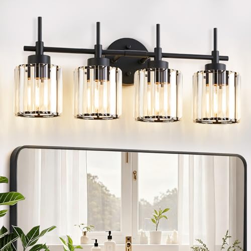 Image of EJIAXIN 4 Light Round Crystal Vanity Lights, Modern Black Crystal Wall Light Bath Mirror Light Fixture Over Mirror Bathroom Wall Sconces for Bathroom Living Room