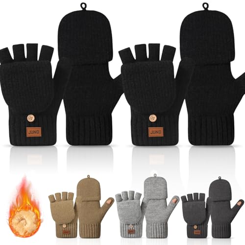 Rosoz 2 Stück Winterhandschuhe ohne Finger für Damen und Herren verbessert warm und weich mit Thermofutter gestrickt für kaltes Wetter (schwarz+schwarz)