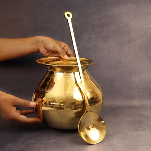 Image of Putrika Traditional Handcrafted Brass Utensil Pongal Pot Set|Pongal Paanai|Cookware|Urli|Heavy Weight with Lid and Ladle|Sankranthi Festival|Inner TIN Coating[Net Weight: 1.16kg](7 inch Set)
