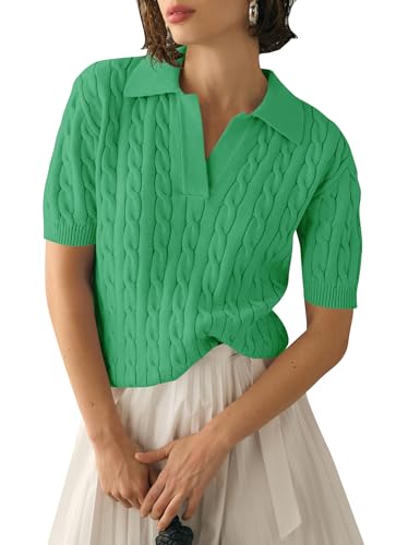 Image of Micoson Womens Short Sleeve Sweater Tops Lapel V Neck Polo Shirts 2026 Summer Cable Knit Loose Blouse Business Casual Outfits