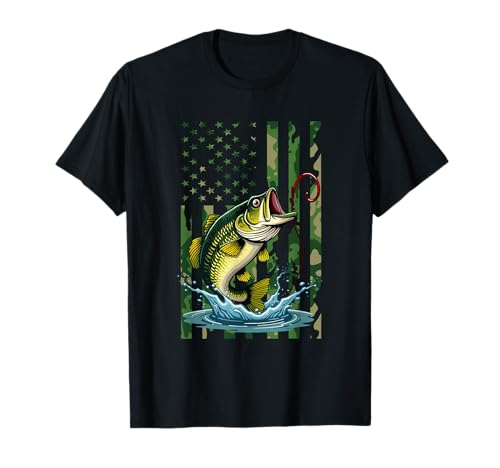 Pesca Retro Bandera Americana de Estados Unidos Bass Fish Fisherman Camo Bass Camiseta