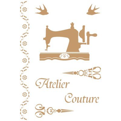 Todo-Stencil - Pochoir vintage, composition 195, Atelier Couture, Dimensions du pochoir : 20 x 30 cm - Dimensions du design : 17,8 x 26,1 cm - Dimensions du...